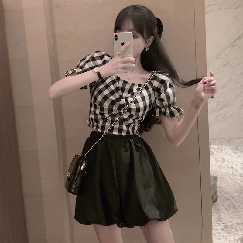 

Plaid Blouses Shirt Women Sexy Slim Square Collar Egirl 2021 Fashion Short Sleeve Chic Tops Female Chest Cross Design Y2K Blusas