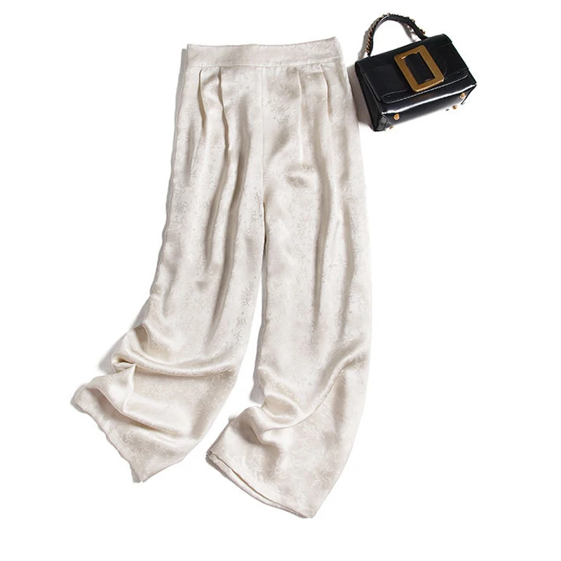 Gummi Silk Jacquard Retro Mulberry Silk Wide-leg Pants Cream White Color Wide Leg Pants Bright Silk Elegant Fashion Loose