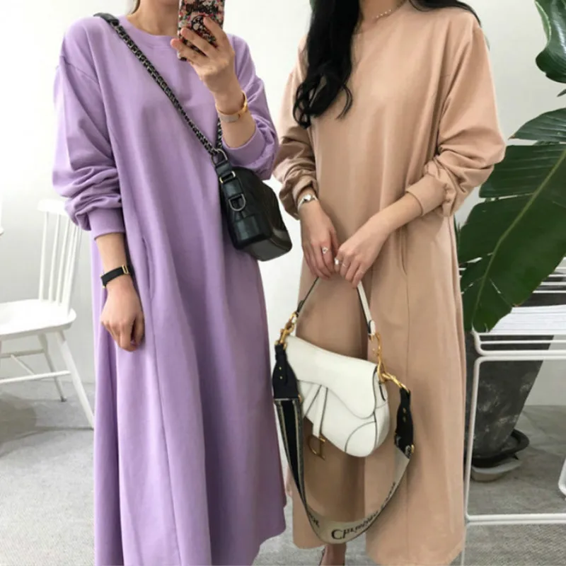 

Women Autumn Round Collar Cotton Pullover Loose Long Hoodies Dress Full Sleeve Wide Waisted Midi Dresses
