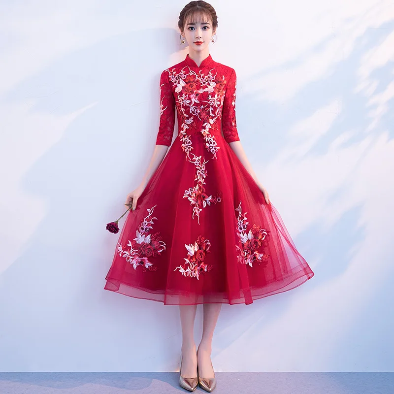 

Burgundy Cheongsam Chinese Traditional Wedding Bride Dress Floral Slim Long Toast Suit sexy charming vestidos de festa chinos