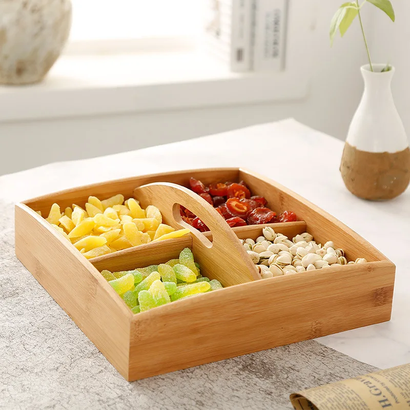 Мульти сетка бамбук твердой древесины сухофрукты лоток отсек с крышкой фруктами