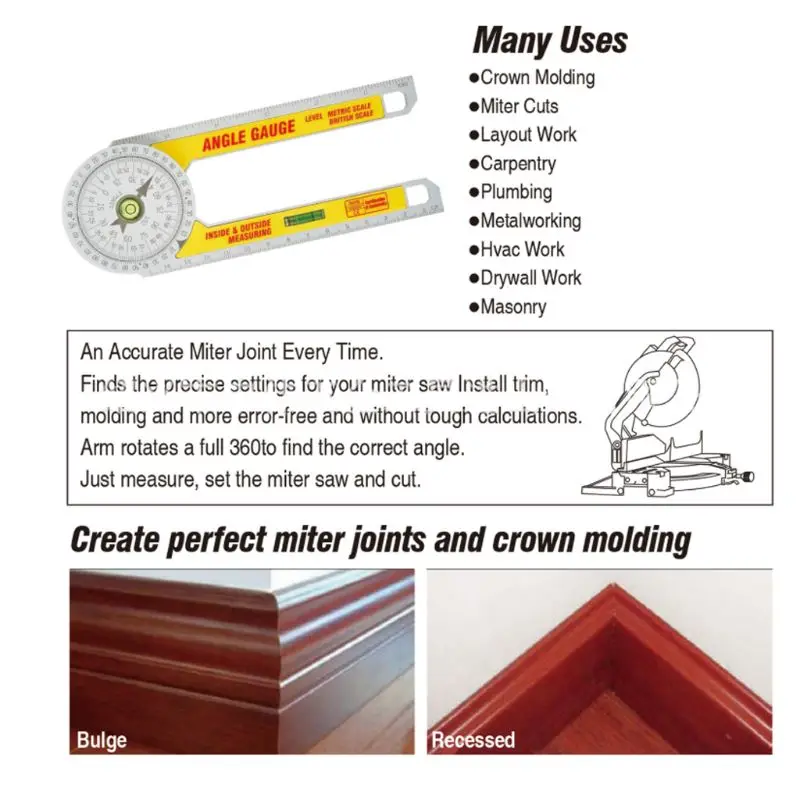 360 градусов Торцевая пила транспортир Высокая точность Угол Finder Гониометр