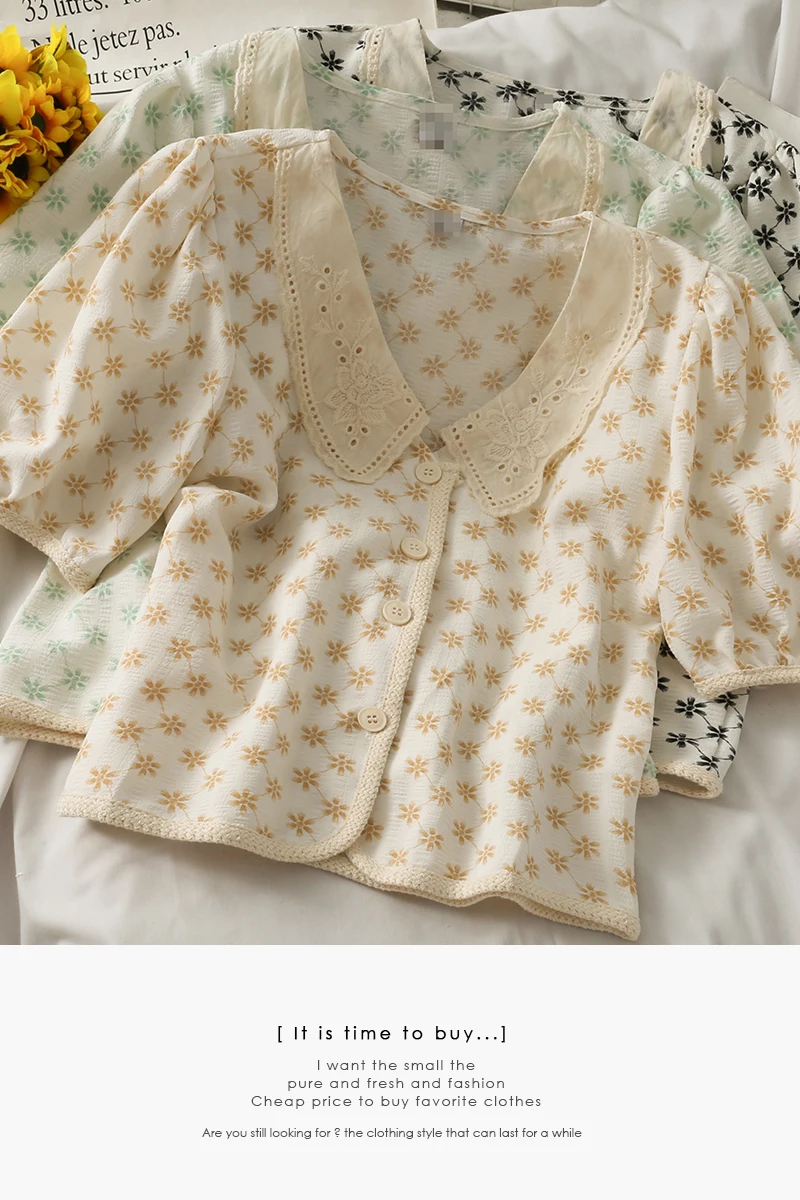 

2021 summer hollow lapel printed shirt women single-breasted shirts shrug