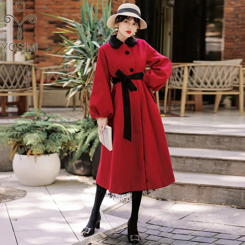 Женское шерстяное пальто YOSIMI элегантное до середины икры красного вина длинная