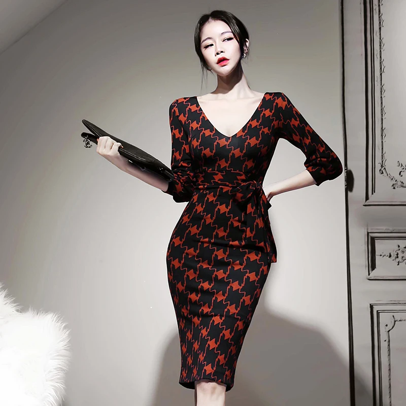 

Fashion Dress Women Spring Casual Office Lady Elegant Business Vintage Bodycon Print Vestidos Clothes