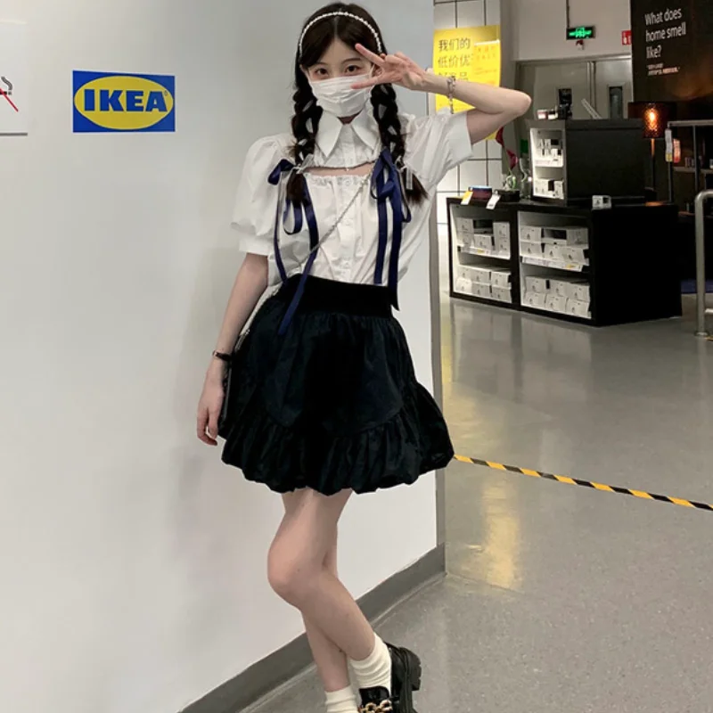 

Harajpoo Women Sets Summer Fashion Female 2021 New Ins Drawstring Bow Short Sleeve Shirt Black High Waist Short Skirts Tide Suit