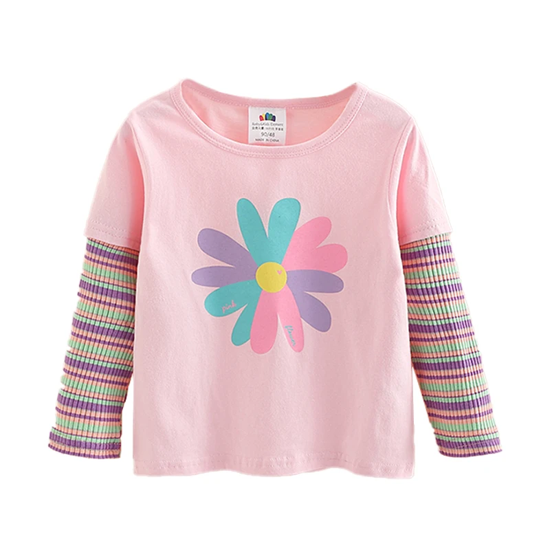 

2021 Spring Autumn Fashion 2 3 4 5 6 7 8 910 Years Cute Cotton Striped Color Patchwork Cartoon Basic T-Shirt For Kids Baby Girls