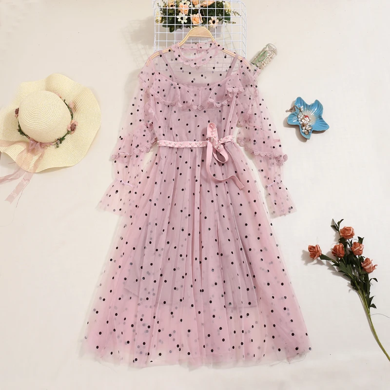 Женское Плиссированное Кружевное платье миди в горошек вечерние чатое вечернее