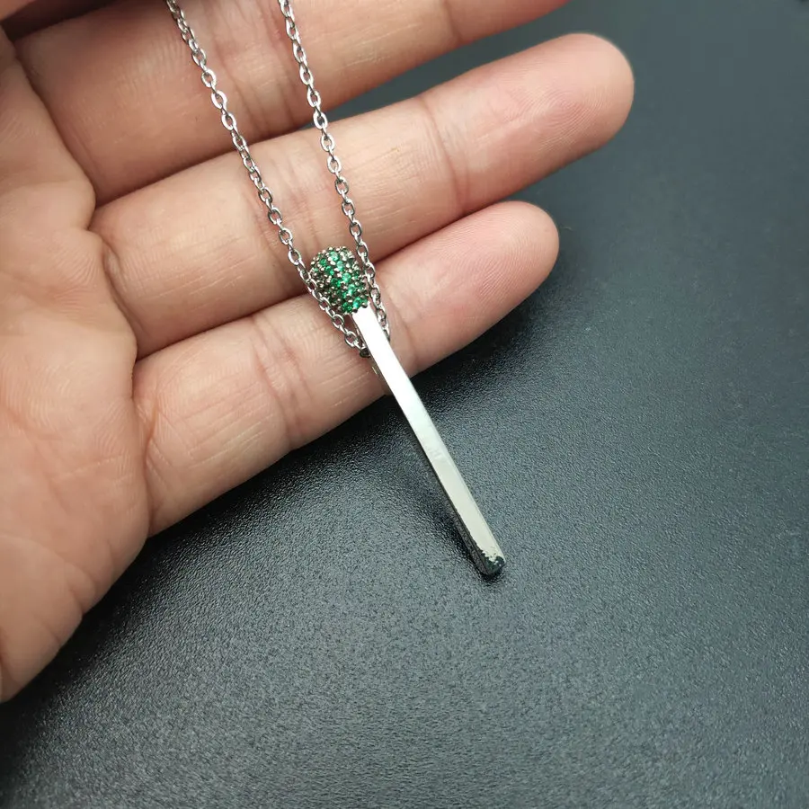 silver green Золотые, серебряные, Matchstick, металлические подвески, черный CZ камень, установка спичек, цепочка из нержавеющей стали, ожерелье, модные женские ювелирные изделия - Окраска металла: silver green
