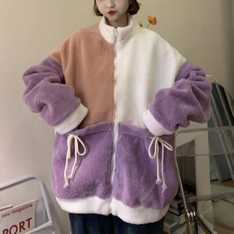 

DAYIFUN Baseball Jacket For Women Patchwork Zip Up Stand Collar Lambswool Contrast Color Drawstring Pockets Loose Varsity Coat