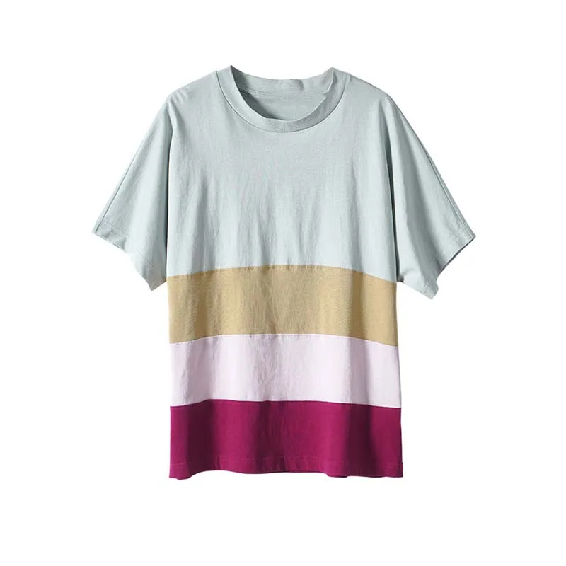 

100% Cotton 2021 Summer New Classic Round Neck Short-sleeved Four-color Stitching Striped Loose Wild T-shirt