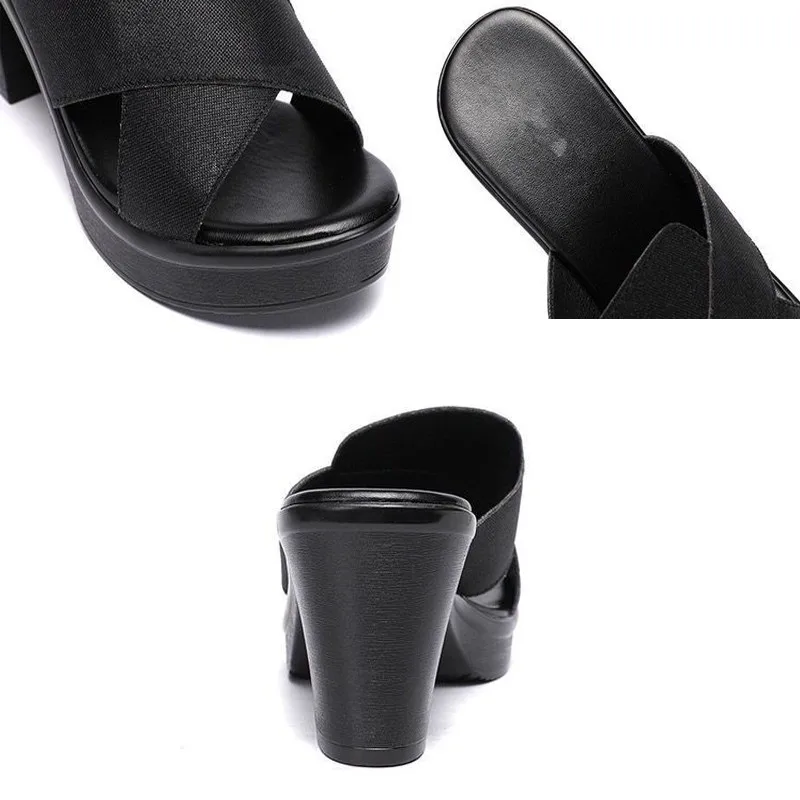 

PU Leather Bling 7cm High Heels Women Slippers Fashion Non-Slip Hollow Sandals Outside Wear Peep Toe Office Lady Casual Shoes
