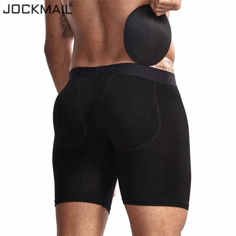 jockmail Long boxer men underwear Men's Butt-Enhancing Padded Trunk Removable Pad of Butt Lifter and Enlarge Package Pouch Black