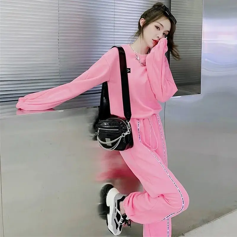 Autumn Winter Set Women Loose Casual Trousers Sportswear Lady High Waist Student Pants+Sweater Two-Piece White Pink Cute Suit