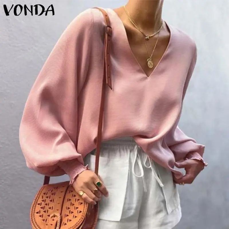 

Sexy V Neck Flare Sleeve Casual Tops Women Pleated Solid Color Blouse VONDA Spring Summer Blusas Femininas Holiday Stree Tops