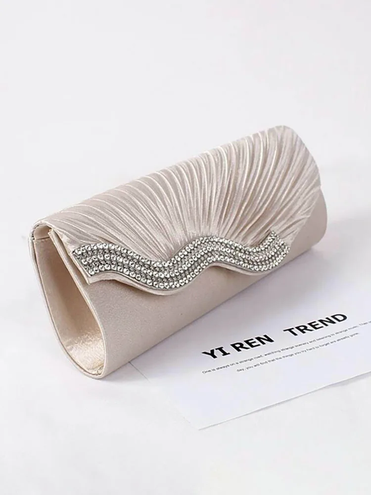 

Women Rhinestone Evening Bag Pleated Satin Wedding Purse Luxury Lady Bridal Party Handbag Female Vintage Chain Clutch Bags