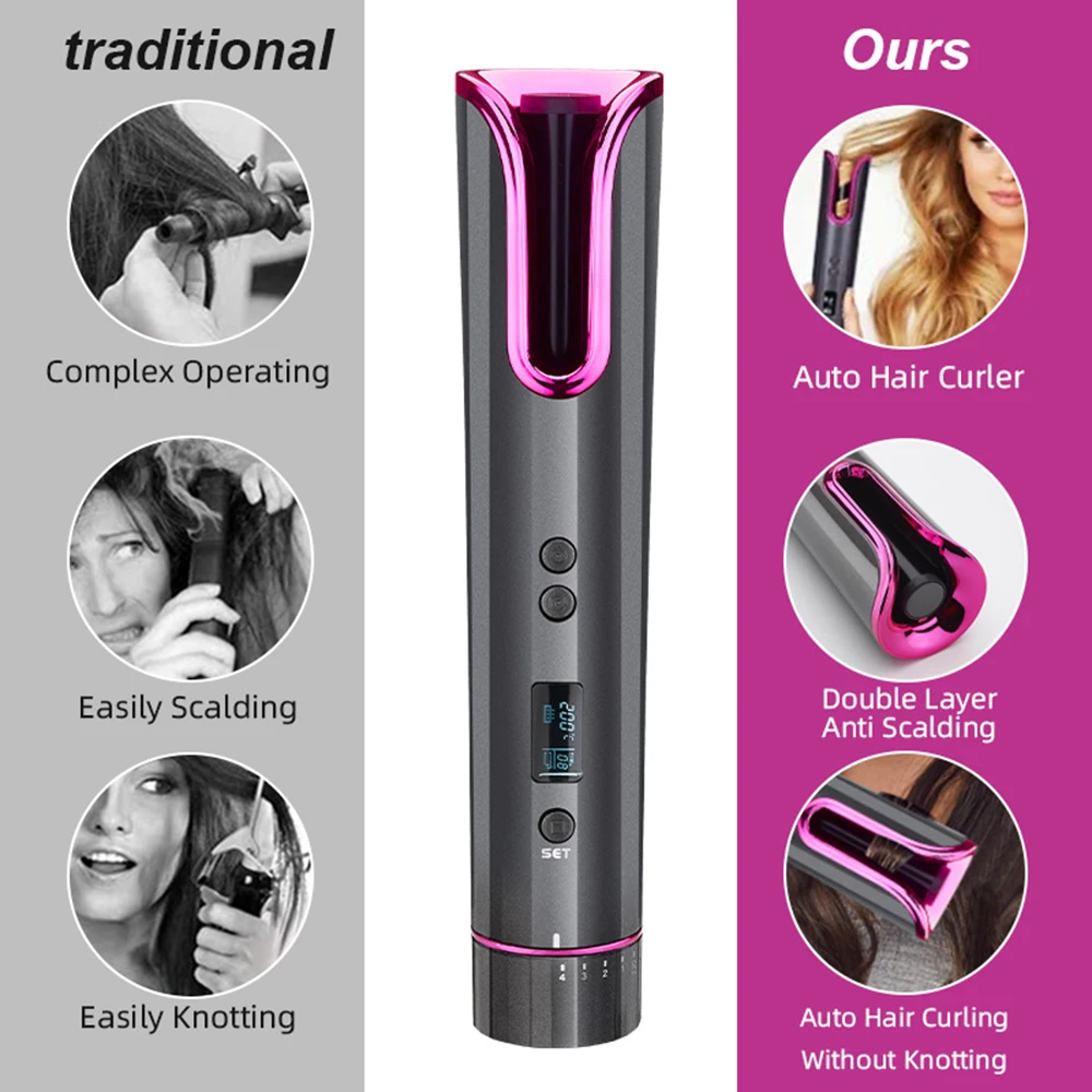 

LCD Cordless Automatic Hair Curler USB Rechargeable Curling Iron Curls Waves Display Ceramic Curly Rotating Curling Wave Styer