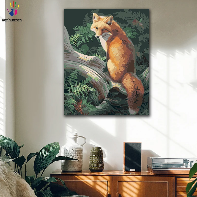 DIY картинки для раскраски по номерам с цветами Happy wolf в лесу изображение рисование