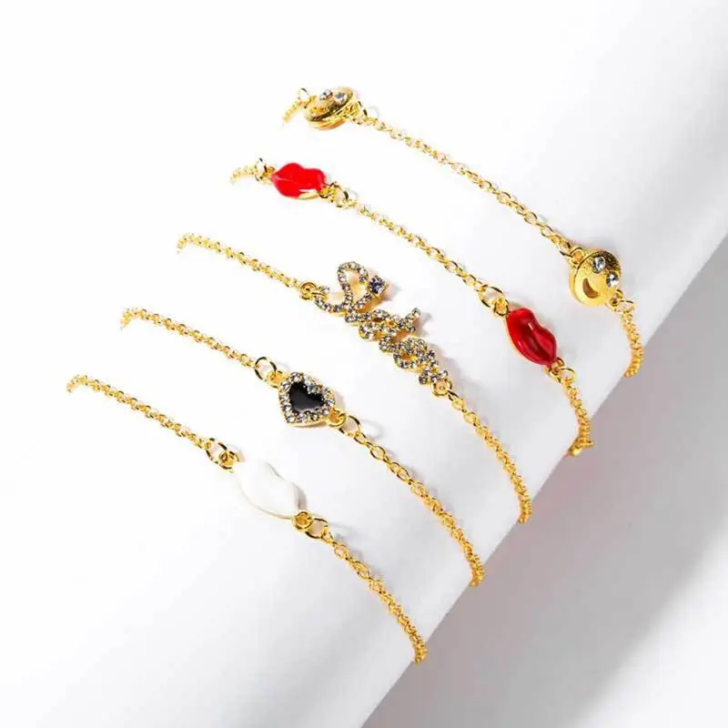 5Pcs Women Sweet Lips Sisters Crystal Inlaid Gold Chain Bracelet Kit Jewelry Set | Украшения и аксессуары