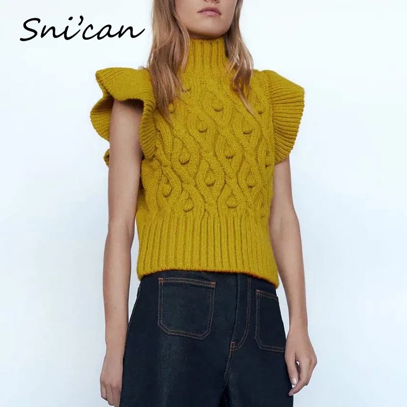 

Snican winter sweater vest argyle dots ruffle vest solid vintage office ladies knitted pullover za 2020 pull femme tops jumper