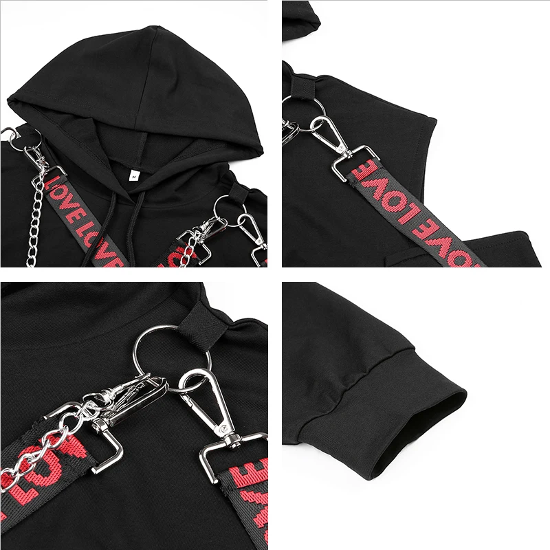 Rapwriter Casual Metal Chain Patchwork Letter Ribbon Long Sleeve Hoodies Women Fall Winter Black Harajuku Pullover Crop Top