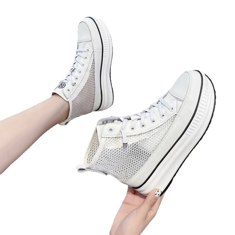 

High-top Tenis Feminino Leather Net Shoes Zapatos De Mujer Casual Increase Sports Women's Shoes White Shoes Chaussures De Femme