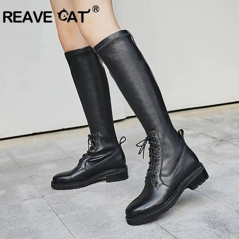 

REAVE CAT Women Over-the-Knee Boots Cow leather Round Toe Square Thick Heel Pull On Strechy Lace-Up Black Ridding Autumn