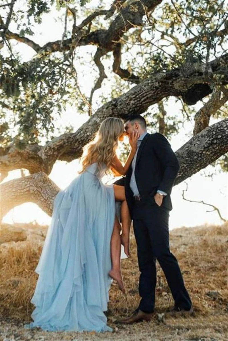 

Thigh Split Sky Blue Rustic Beach Wedding Gown With Court Train Evening Prom Dresses vestidos de noite robe de soiree abendkleid