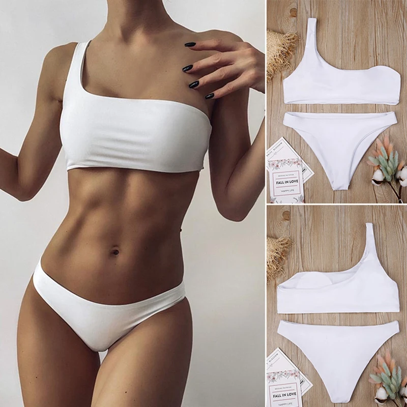 

Бикини на одно плечо, Женский однотонный комплект бикини, купальник пуш-ап, пляжная одежда, Мягкий купальник, купальный костюм