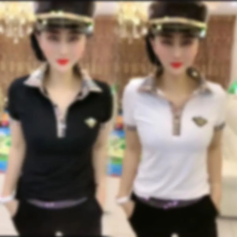 

Cotton summer embroidery bee Plaid Polo neck short sleeve T-shirt women's loose spring and autumn long sleeve base shirt easy