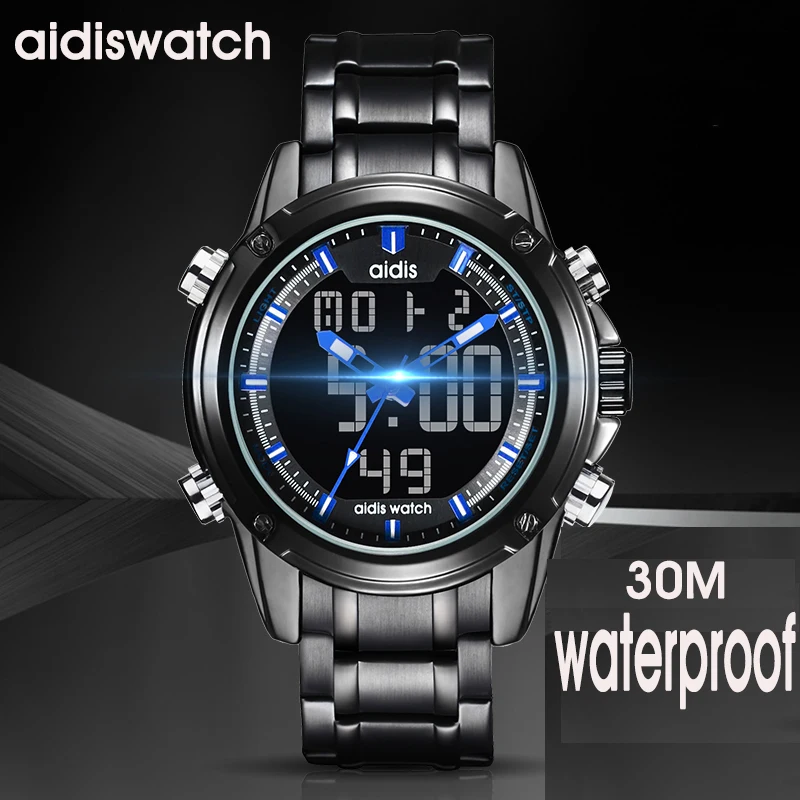 Addies-reloj Digital LED para hombre, pulsera militar de acero completo, de lujo, deportivo, de cuarzo