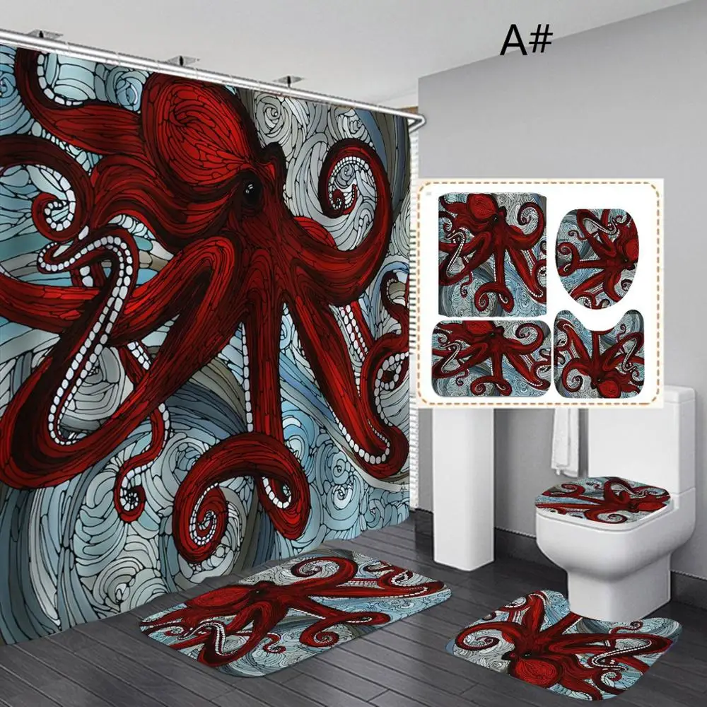 

4pcs/set Waterproof octopus bathroom carpet bath Shower curtain bathroom absorbent non-slip floor mat