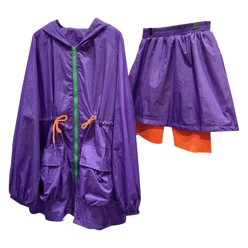 

2021 Summer Women Two Piece Set New Drawstring Hooded Sunscreen Windbreaker Coat + Anti Running Out Shorts Purple Tracksuit