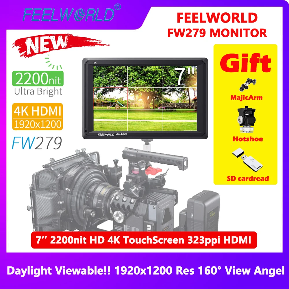 

FEELWORLD FW279 7 Inch 2200nit Ultra Bright DSLR Camera Field Monitor High Brightness Sunlight Viewable Full HD 1920x1200 4K HDM