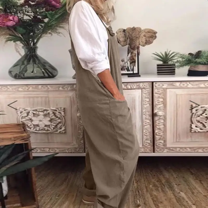 Women's Dungarees Jumpsuits ZANZEA 2021 Vintage Suspender Summer Overalls Wide Leg Pants Female Solid Rompers Playsuits Oversize