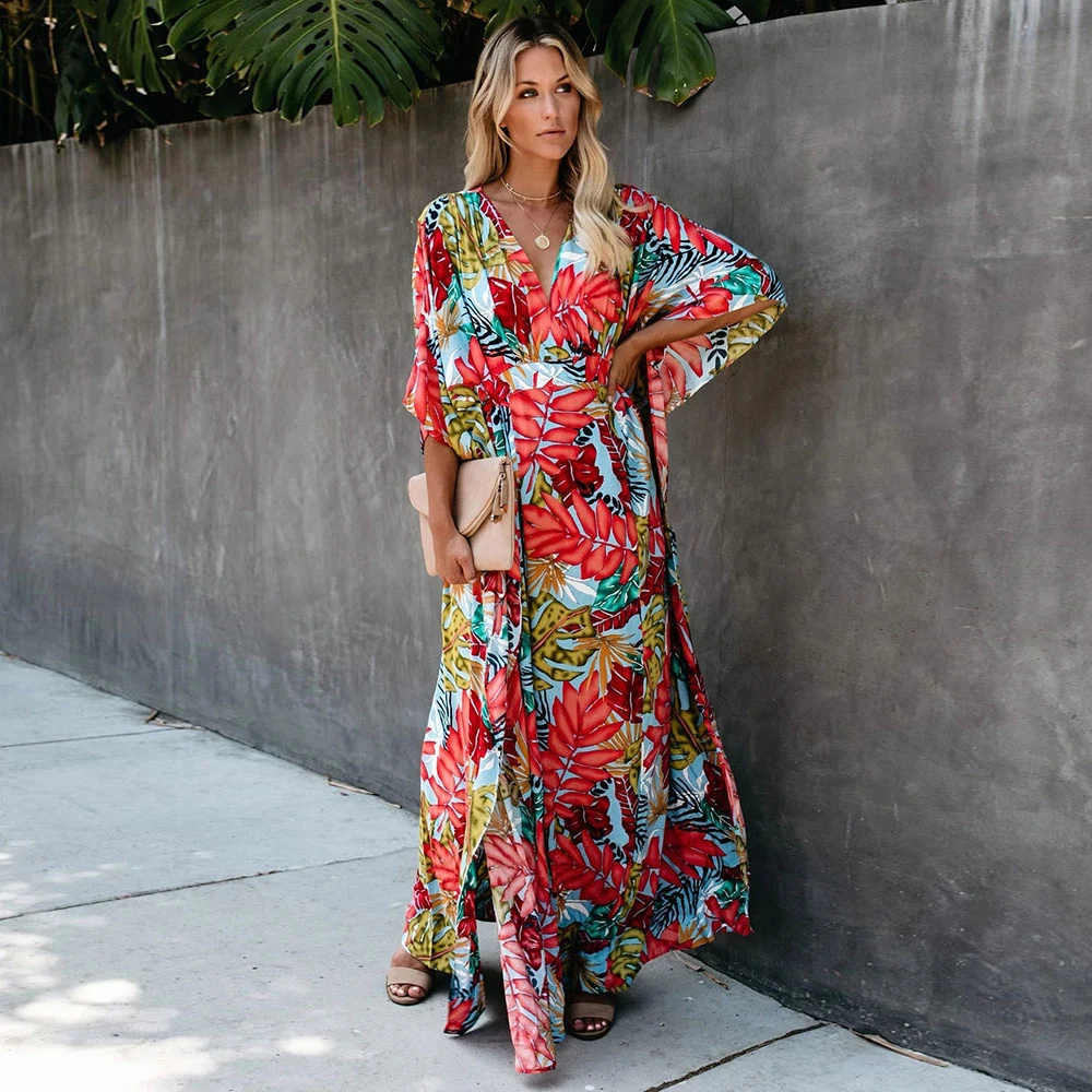 

Leaves Print Bikini Beach Cover up Tunics for Beach Long Kaftan Bikini Cover up Robe de Plage Sarong Beach Swimsuit cover-ups