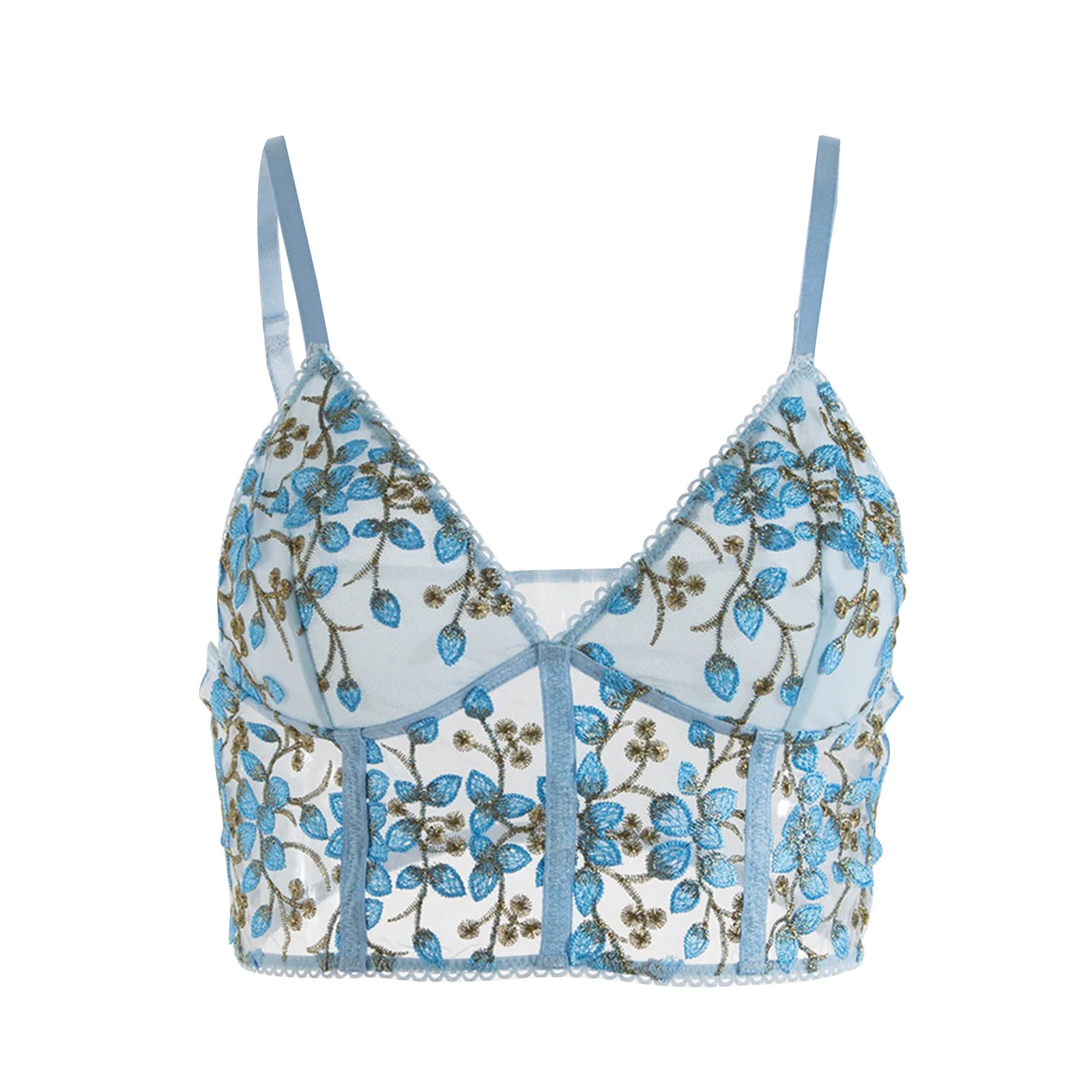 

Women Navel Camisole with Flower Embroidery, Sexy Deep V-neck, Perspective Mesh Lace Summer Clothing