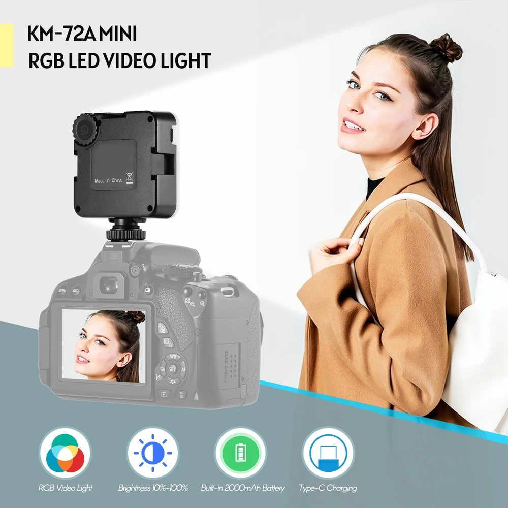 

KM-72A RGB LED Video Light with Tripod Cold Shoe Type-C Charging Port 2000mAh Battery 6W Color Fill Light for Vlogging