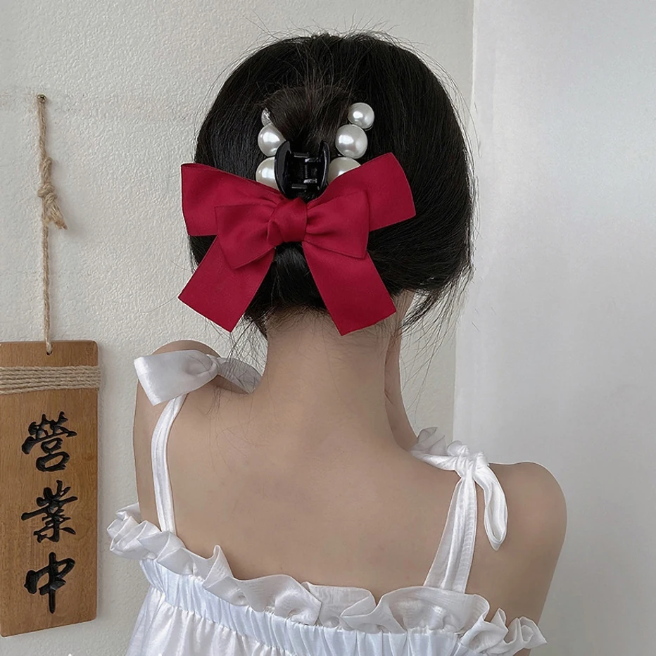 

Pearl Hair Clamp Claw Hair Accessories for Women Large Bow Ribbon Shark Clip New Girl Korean Barrettes Hairpin Hair Clips