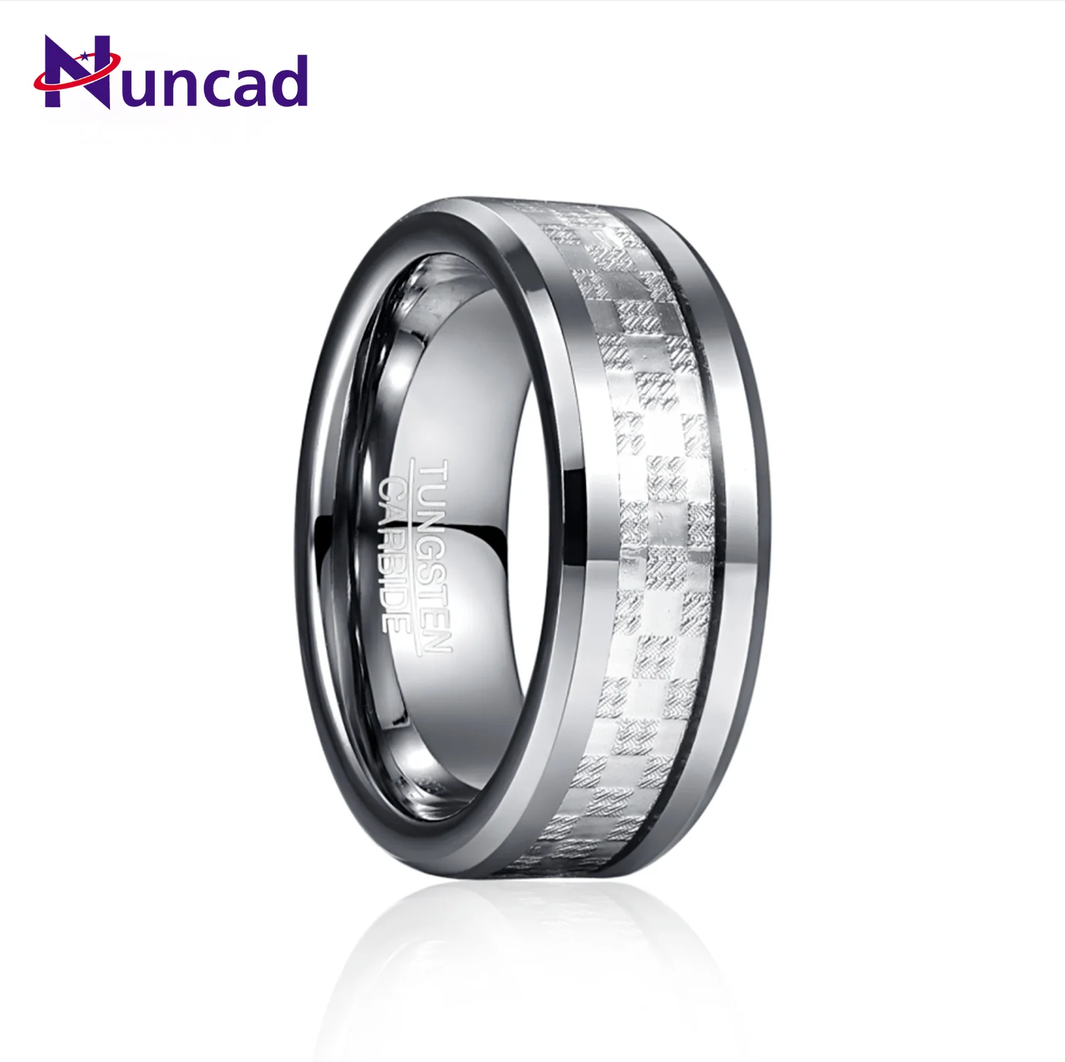 

8mm Steel Color Chamfer Inlaid with Silver Checkered Metal Sheet Tungsten Carbide Ring Men's Fashion Wedding Jewelry Best Gift