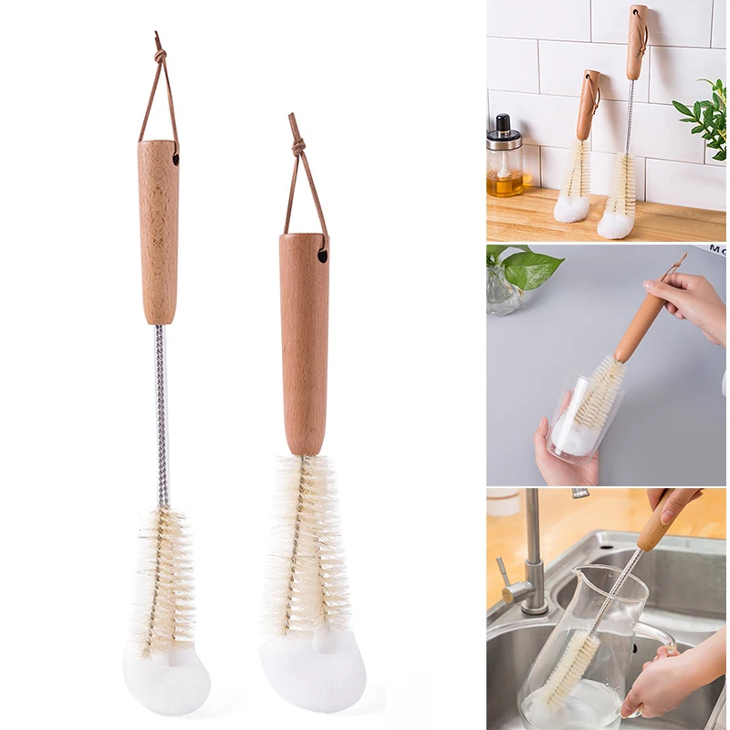 

Щетка для чистки с ручкой из Букового дерева, L-образная изогнутая щетка, бытовая щетка для мытья посуды, чашки, чайник, бутылка для молока PAK5