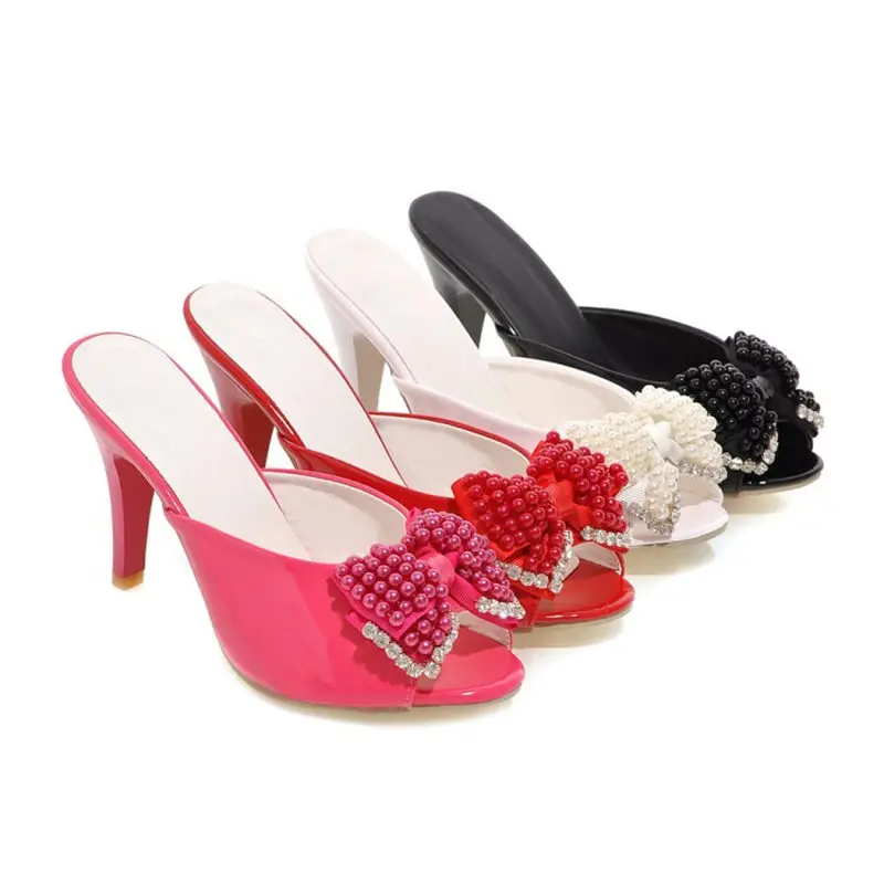 Женские сандалии с бантиком MAZIAO модные шлепанцы на высоком каблуке со стразами