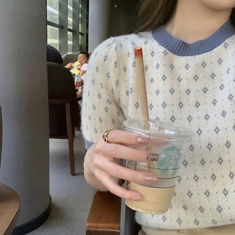 

T-shirts Women Short Lantern Sleeves Simple Design Korean Style Tender Loose Cozy Stylish Cropped Mujer Summer Geometric Chic