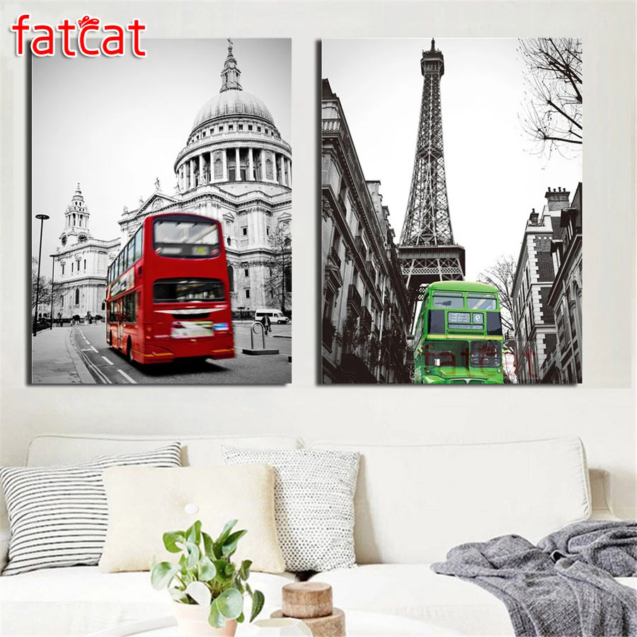 

FATCAT с оригинальными рисунками "Парижская башня автобус пейзаж 2 шт./компл. diy 5d алмазная живопись камни в форме ромба Набор для рисования с кр...