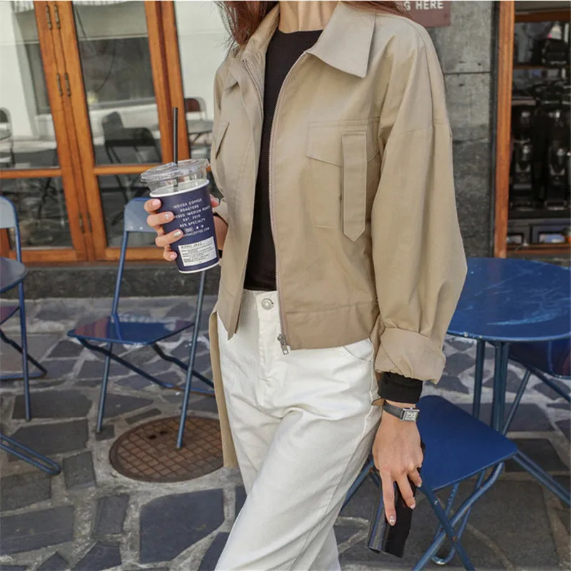 

New 2021 Summer Autumn Women's Jacket Casual Pockets Fashionable Cargo Lace Up Zipper Outerwear Short Tops femme