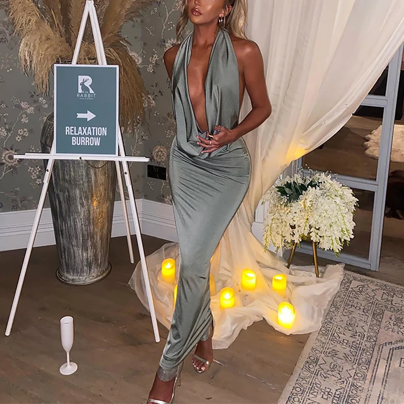

OMSJ Women Halter Long Dress Fashion Stacked Pile Collar Backless Lacing Irregular Solid Maxi Dress Night Party Elegant Clothes