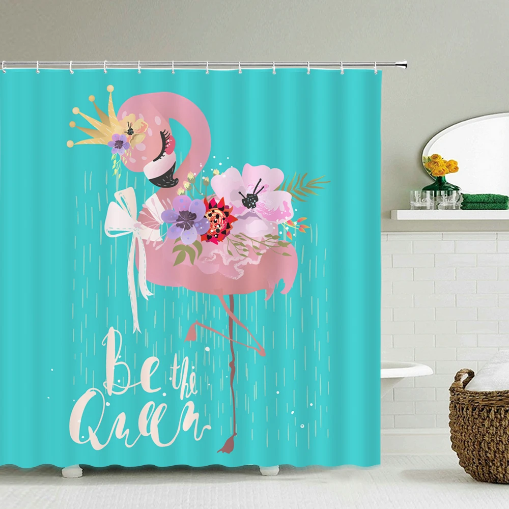 

Водонепроницаемая тканевая занавеска для душа с 3D принтом фламинго, занавеска для ванной комнаты, цветы, растения, листья, декор с крючками, ...