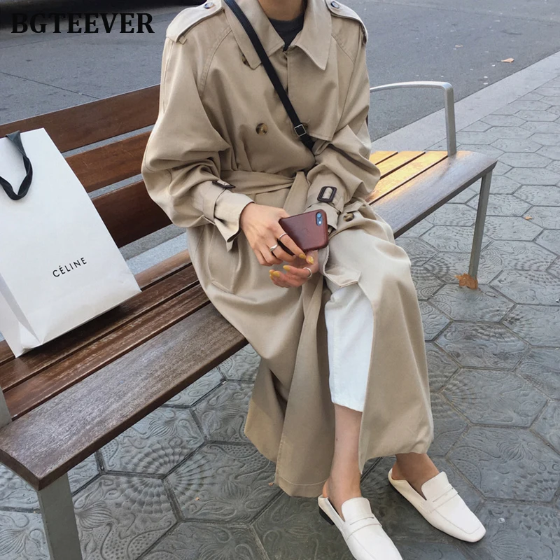 

British Double Breasted Oversized Long Trench Coat Women Windbreaker Fashion Female Turn-down Collar Long Overcoats