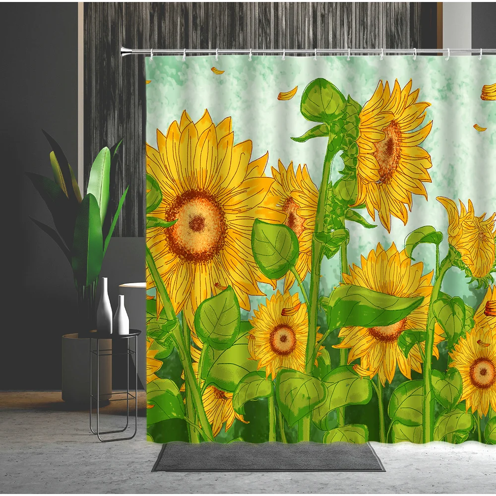 

Spring Scenery Shower Curtain Yellow Flower Pattern Partition Waterproof Polyester Fabric Hanging Curtains With Hooks