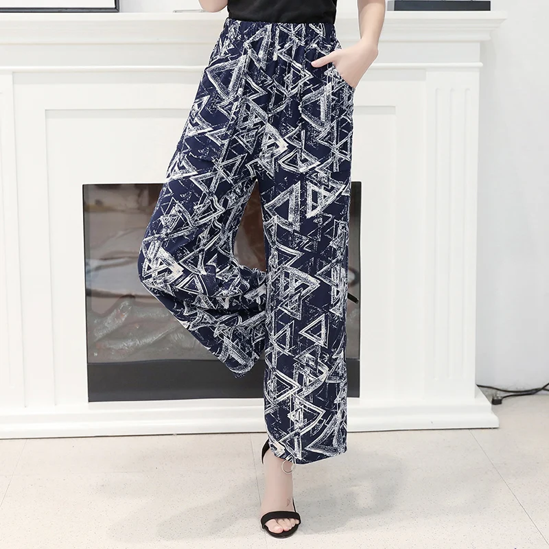 

Summer Women Wide Leg Pants Loose Vintage High Waist Trousers Summer Beach Pants Print Bohemian Casual Plus Size 2021